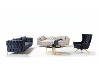 Chesterfield Sofa Set Three-Seater Armchair Blue Luxury Set 3-piece 3+3+1