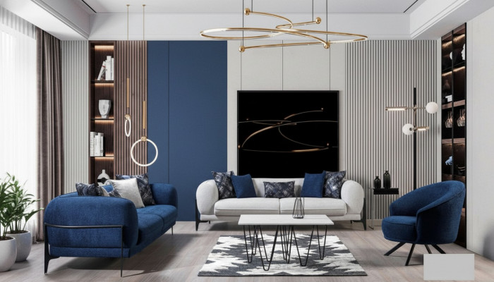 Modern sofa set luxury sofas three-seater armchair blue upholstered furniture 3-piece set
