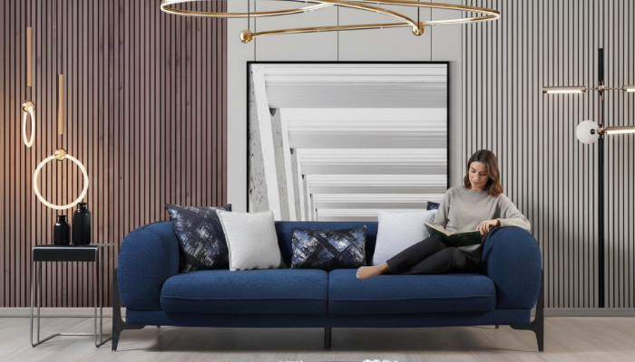 Blue three-seater luxury couch modern sofas living room furniture stainless steel