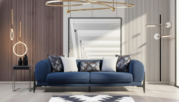 Blue three-seater luxury couch modern sofas living room furniture stainless steel