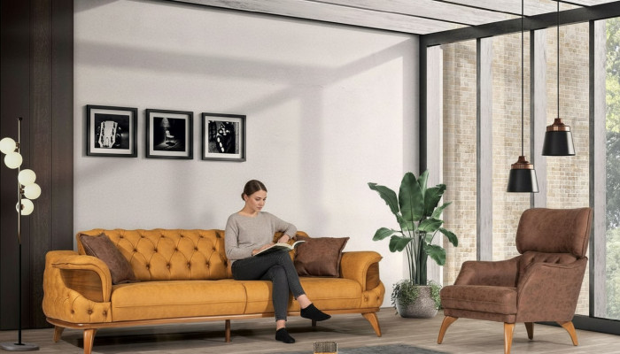 Modern Chesterfield Sofa Set Three-Seater Luxury Sofas Armchair Yellow 2-piece Set
