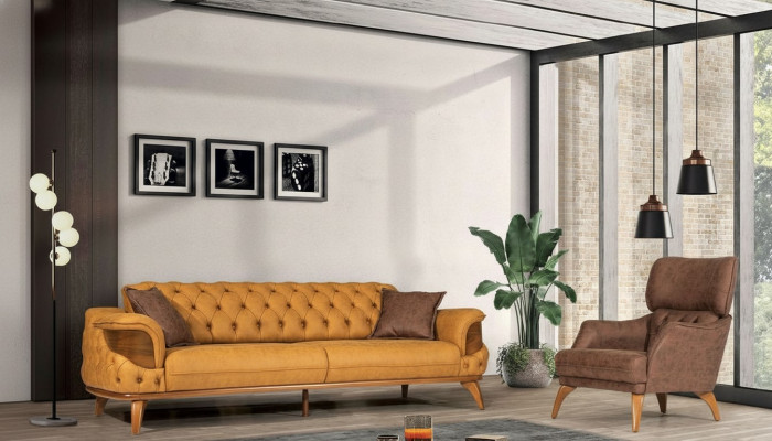 Modern Chesterfield Sofa Set Three-Seater Luxury Sofas Armchair Yellow 2-piece Set