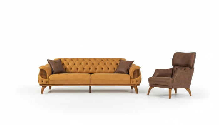 Modern Chesterfield Sofa Set Three-Seater Luxury Sofas Armchair Yellow 2-piece Set