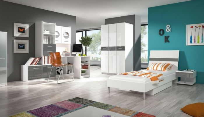 Gray Children's Room Complete Single Bed Wardrobe Dresser 5-Piece Youth Room
