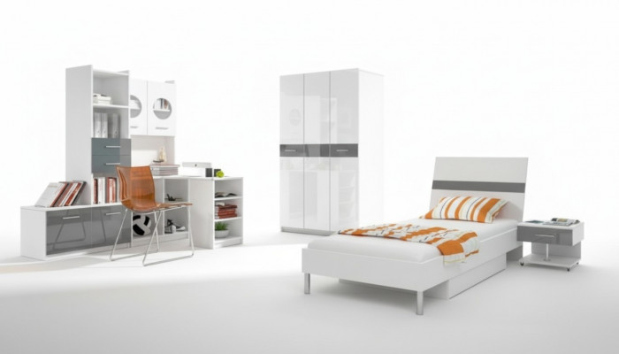 Gray Children's Room Complete Single Bed Wardrobe Dresser 5-Piece Youth Room