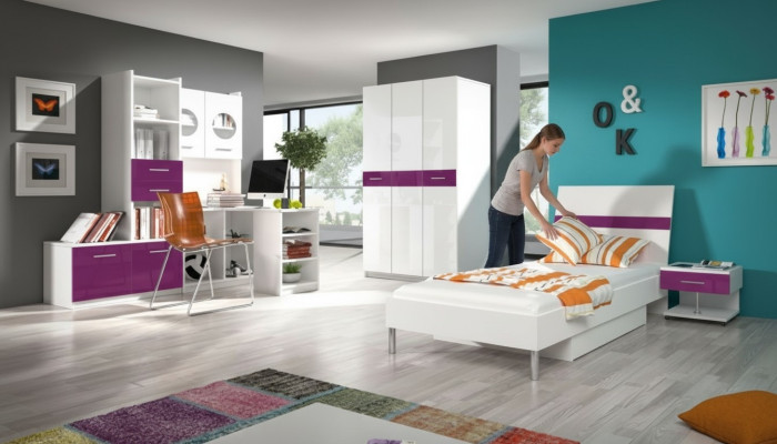 Bed + nightstand bedroom youth room children's room set furniture purple 2-piece.