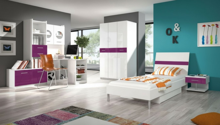 Bed + nightstand bedroom youth room children's room set furniture purple 2-piece.