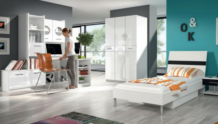 White children's room set wardrobe chest of drawers table wood high-gloss 5-piece set.