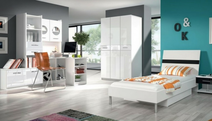 White children's room set wardrobe chest of drawers table wood high-gloss 5-piece set.