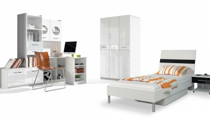 White children's room set wardrobe chest of drawers table wood high-gloss 5-piece set.