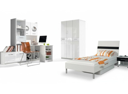 White children's room set wardrobe chest of drawers table wood high-gloss 5-piece set.