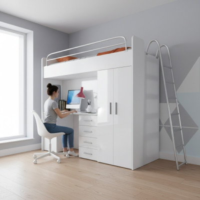 White bunk bed wood loft bed girls high-gloss desk cupboard new