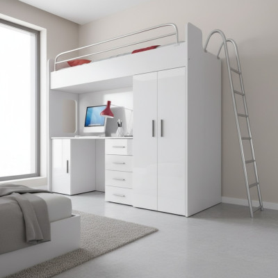 White bunk bed wood loft bed girls high-gloss desk cupboard new