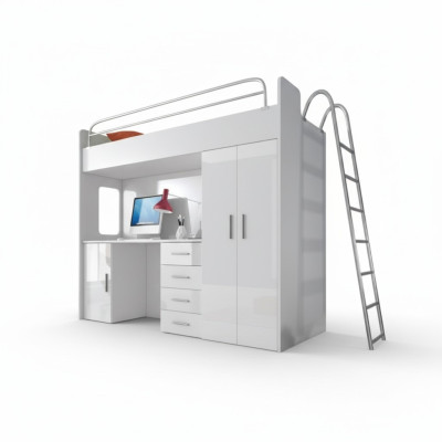White bunk bed wood loft bed girls high-gloss desk cupboard new