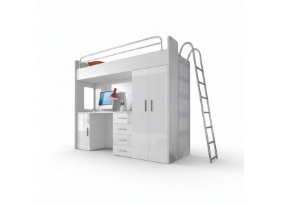 White bunk bed wood loft bed girls high-gloss desk cupboard new