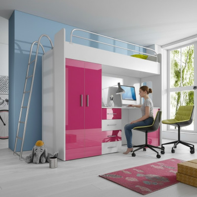 Pink Loft Bed Bunk Bed Wood Girls High Gloss with Desk Wardrobe