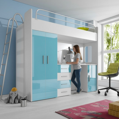 Blue bunk bed wooden loft bed for girls high-gloss with desk and wardrobe