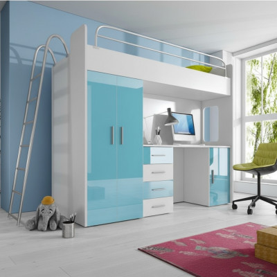 Blue bunk bed wooden loft bed for girls high-gloss with desk and wardrobe