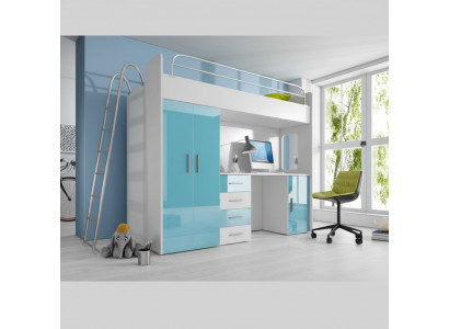 Blue bunk bed wooden loft bed for girls high-gloss with desk and wardrobe