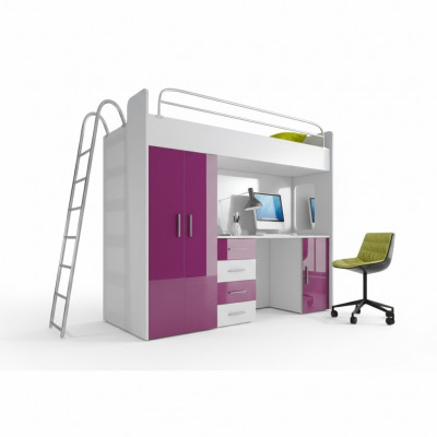 Purple bunk bed wooden loft bed girls high gloss with desk and wardrobe