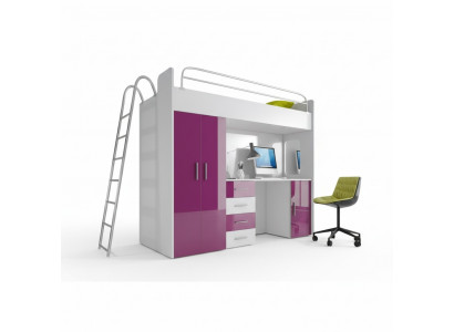Purple bunk bed wooden loft bed girls high gloss with desk and wardrobe