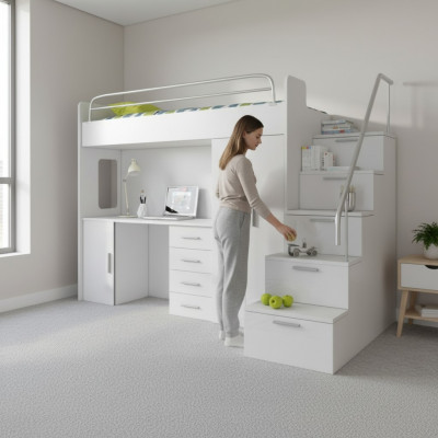 Children's room bunk bed white table cabinet multifunctional loft bed