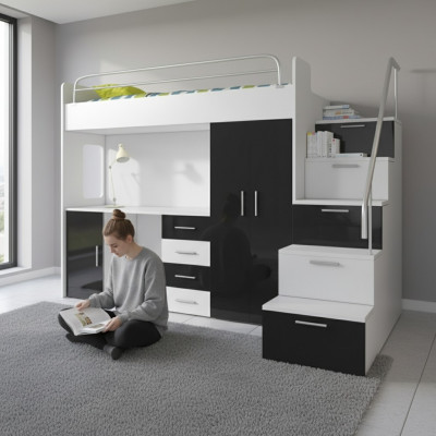 Bunk bed black table cabinet multifunction loft bunk bed children’s room