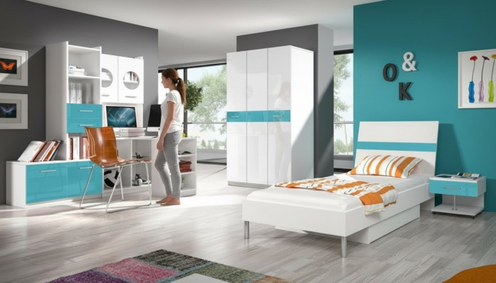 Children's Room Turquoise Modern Wardrobe Dresser Wood Table Bedroom Youth 5-piece Set