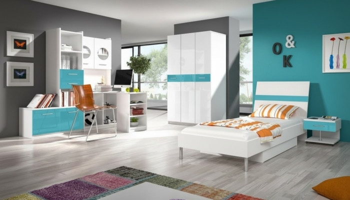 Children's Room Turquoise Modern Wardrobe Dresser Wood Table Bedroom Youth 5-piece Set