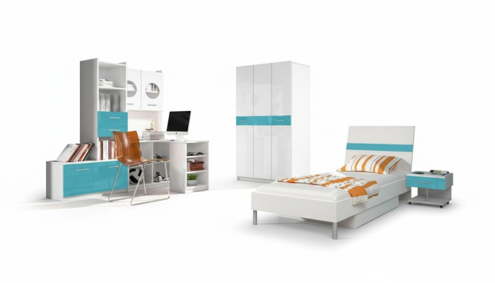 Children's Room Turquoise Modern Wardrobe Dresser Wood Table Bedroom Youth 5-piece Set