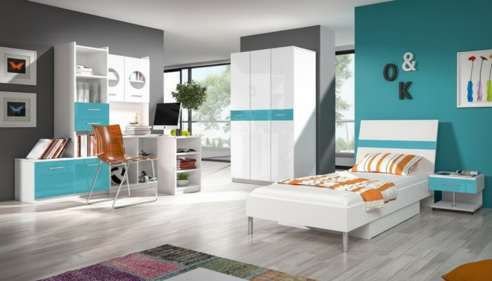 Bed + Nightstand Bedroom Youth room Children's room Set Furniture Blue 2-piece.
