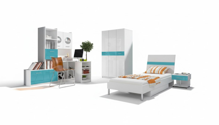 Bed + Nightstand Bedroom Youth room Children's room Set Furniture Blue 2-piece.