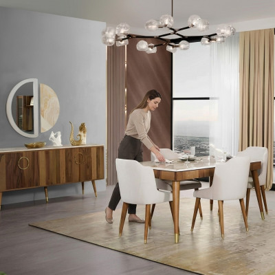 Modern table set complete dining suite with 6 chairs, 7-piece dining room.
