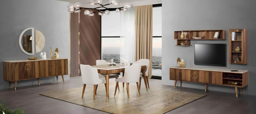 Modern table set complete dining suite with 6 chairs, 7-piece dining room.