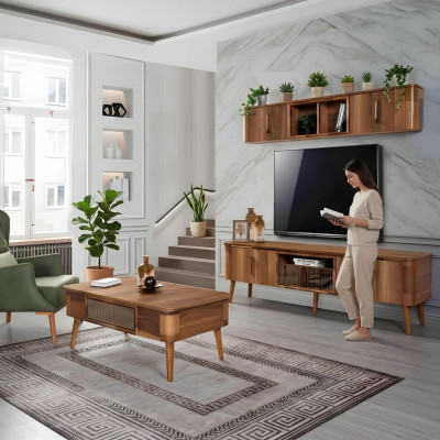 RTV TV Sideboard Leather Wood Table TV Cabinet Table Design Low 2-piece Set New
