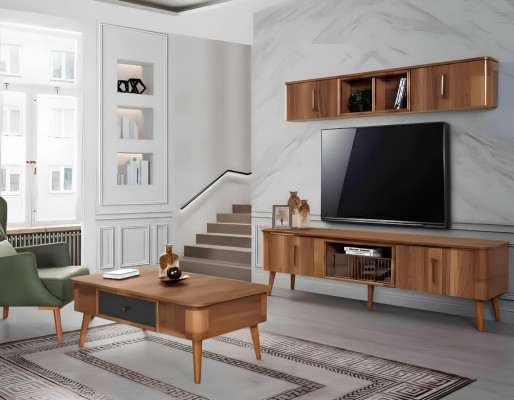 RTV TV Sideboard Leather Wood Table TV Cabinet Table Design Low 2-piece Set New