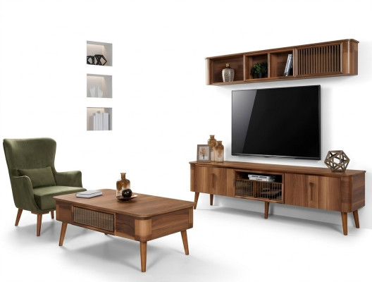 RTV TV Sideboard Leather Wood Table TV Cabinet Table Design Low 2-piece Set New