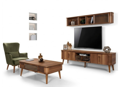 RTV TV Sideboard Leather Wood Table TV Cabinet Table Design Low 2-piece Set New