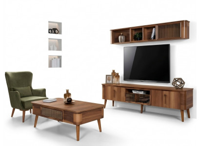 RTV TV Sideboard Leather Wood Table TV Cabinet Table Design Low 2-piece Set New