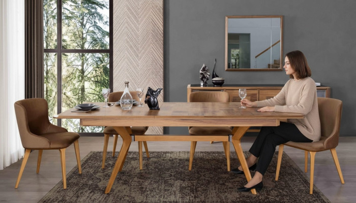Designer wood dining room set: table, 4 chairs with backrests, 5-piece upholstered set.
