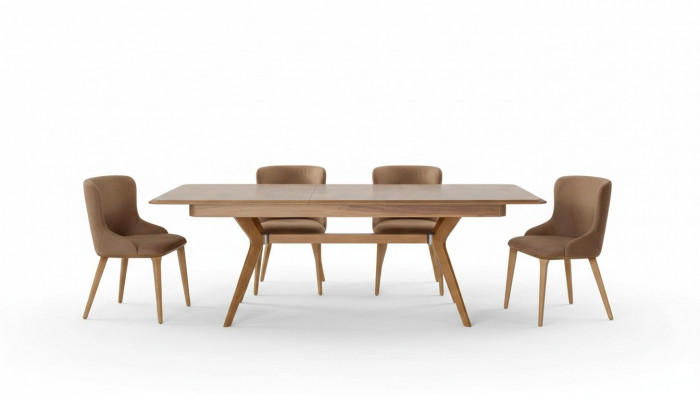 Designer wood dining room set: table, 4 chairs with backrests, 5-piece upholstered set.
