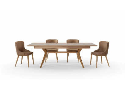 Designer wood dining room set: table, 4 chairs with backrests, 5-piece upholstered set.