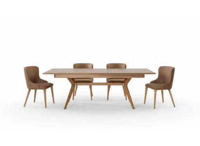 Designer wood dining room set: table, 4 chairs with backrests, 5-piece upholstered set.