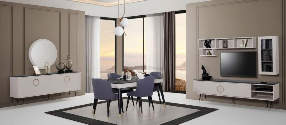 Complete Dining Set 7-piece. Dining Room Sideboard Set Modern Table 4x Chairs RTV