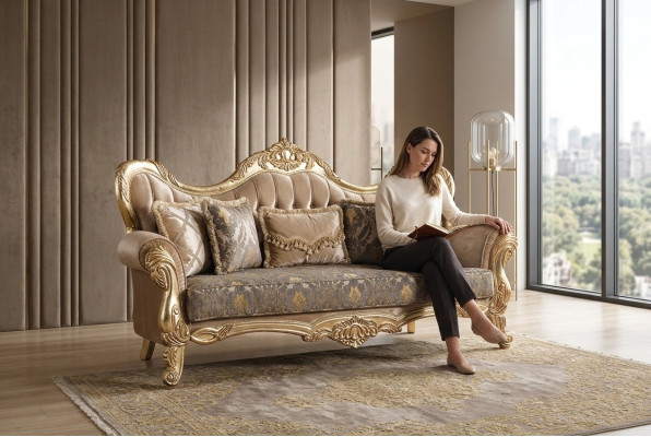 Chesterfield Baroque Three-seater Couch Furniture Sofa Fabric Gold Sofas