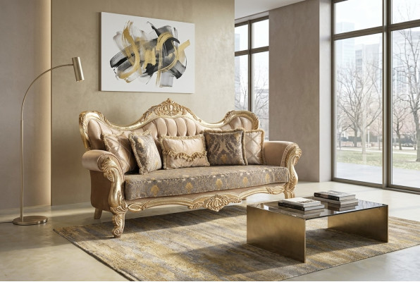 Chesterfield Baroque Three-seater Couch Furniture Sofa Fabric Gold Sofas