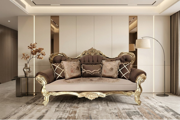 Chesterfield Baroque Three-Seater Couch Sofa Upholstery Fabric Gold Furniture