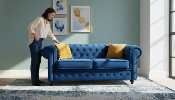 Blue living room couch cushion furniture two-seater couches sofas fabric textile