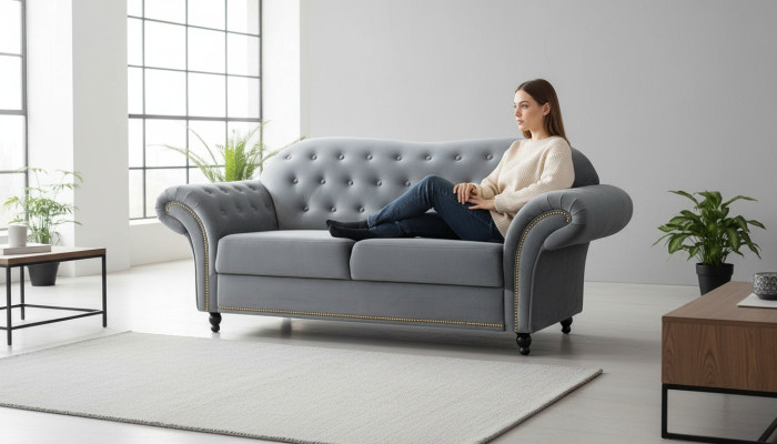 Two-seater Grey Chesterfield Couch Upholstered Furniture Fabric Couches Sofas Textile