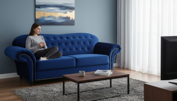 Three-seater couch textile blue sofa upholstery furniture furnishings sofas couches